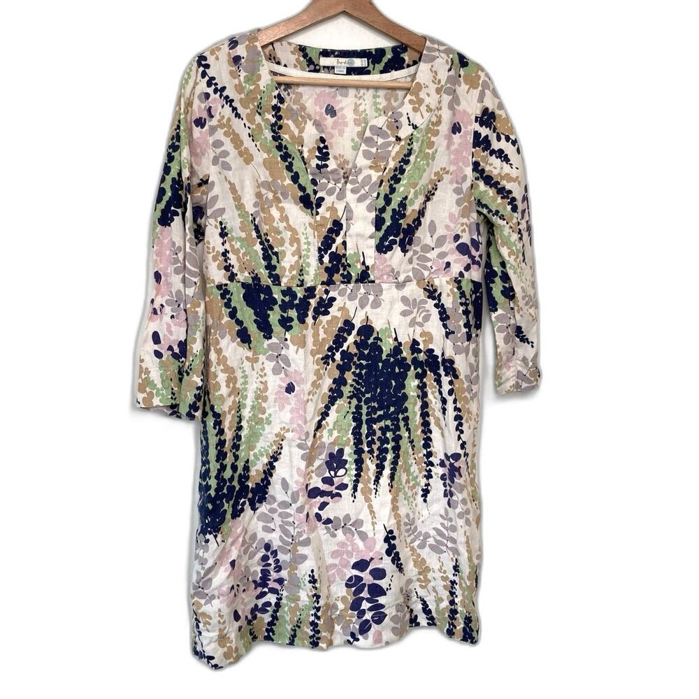 Boden 100% Linen Floral Leafs Dress Womens Size 10R V-Neck 3/4 Sleeves Lined